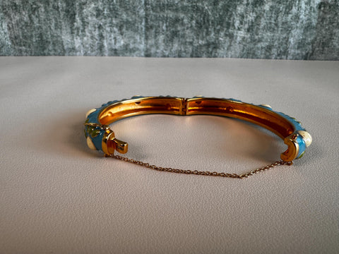 Blue Enamel Floral Bangle Bracelet with Safety Chain
