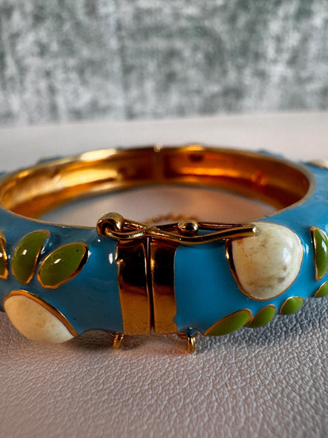 Blue Enamel Floral Bangle Bracelet with Safety Chain