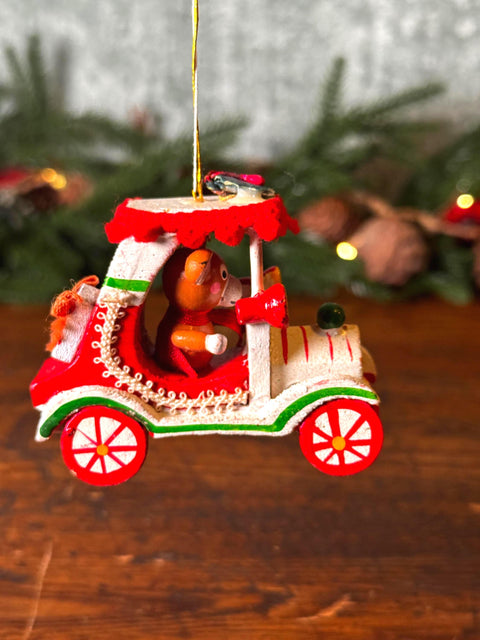 Hand-Painted Wooden Christmas Ornament with Festive Car