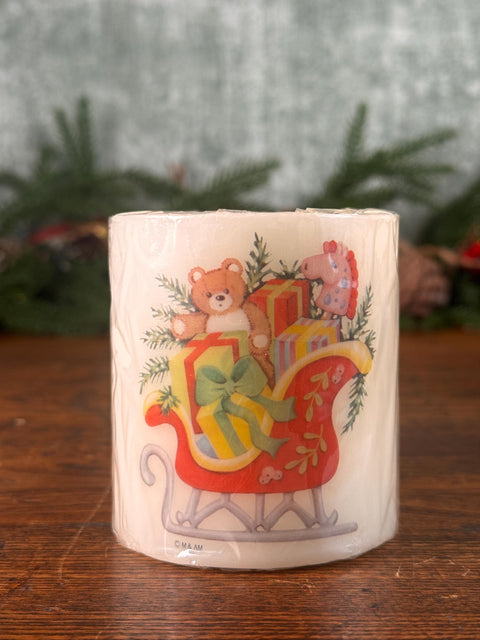 Warm Glow Bayberry Scented Candle with Holiday Toy Sleigh Design
