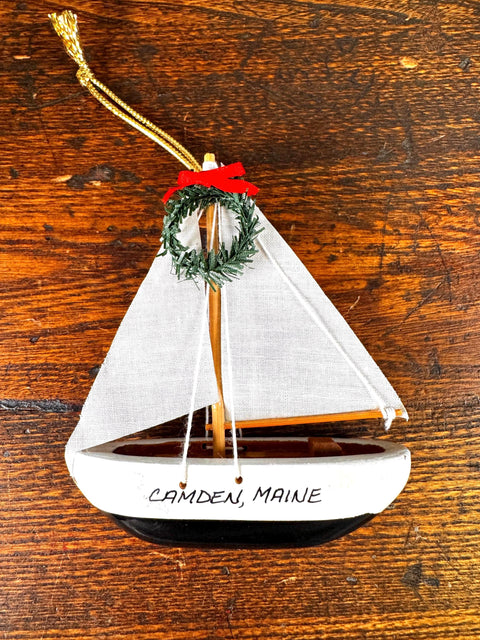 Miniature Wooden Sailboat Ornament with Christmas Wreath from Camden, Maine