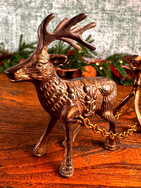 Brass Reindeer and Sleigh Figurine Holiday Decor