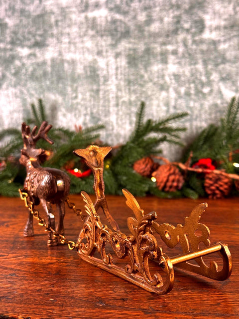Brass Reindeer and Sleigh Figurine Holiday Decor