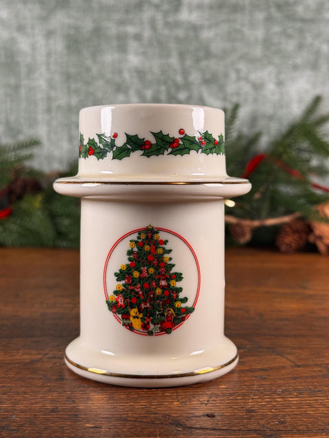 Ceramic Christmas Tree Candle Holder with Holly and Tree Motif