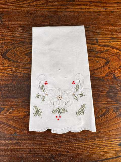 White Embroidered Christmas Napkin with Poinsettia and Holly Design