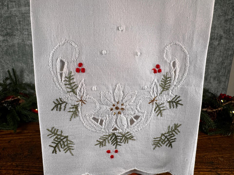 White Embroidered Christmas Napkin with Poinsettia and Holly Design