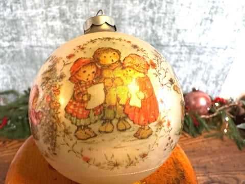 Christmas 1974 Glass Ornament with Vintage Children Illustration