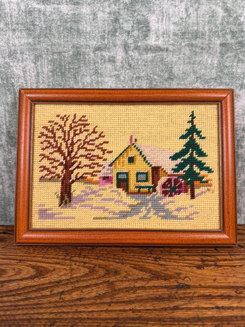 Framed Needlepoint Winter Scene with Cozy Cottage and Trees