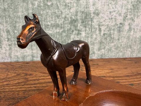 Handmade Solid Walnut Ashtray with Horse Figurine by Blechner USA