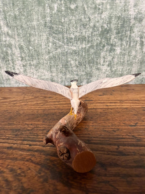 Wooden Seagull Figurine on Driftwood Base