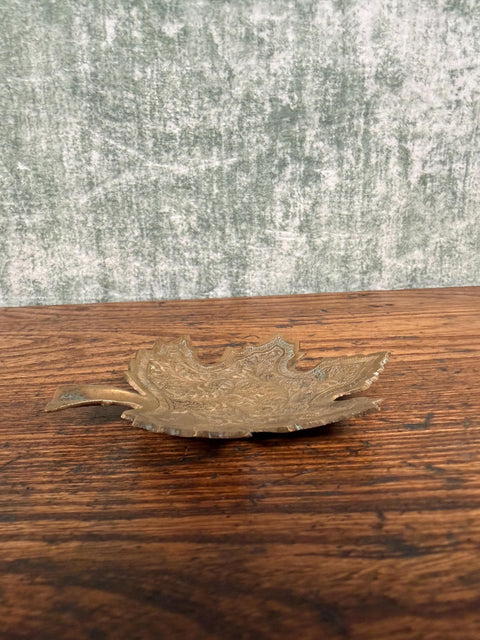 Brass Leaf-Shaped Decorative Dish with Intricate Floral Engraving