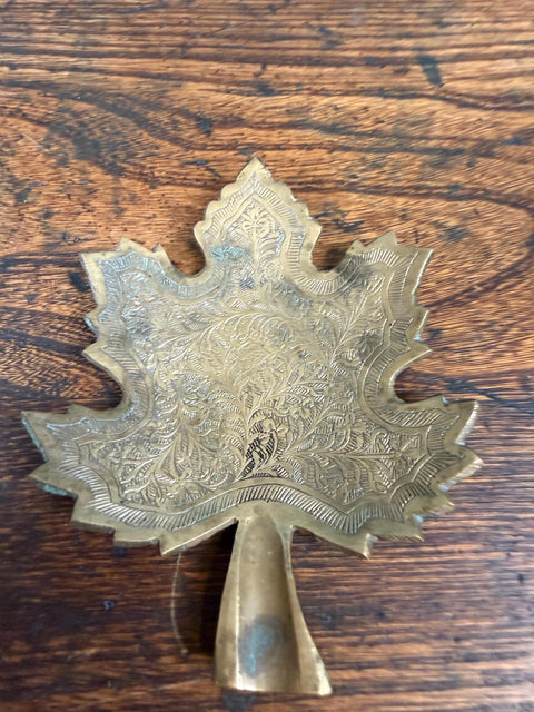 Brass Leaf-Shaped Decorative Dish with Intricate Floral Engraving