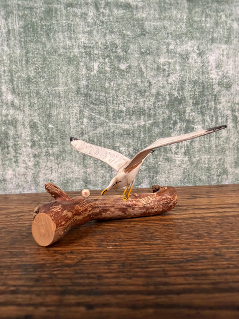 Wooden Seagull Figurine on Driftwood Base