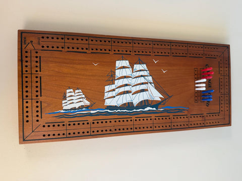 Wooden Cribbage Board with Sailing Ship Design