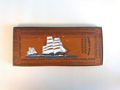 Wooden Cribbage Board with Sailing Ship Design