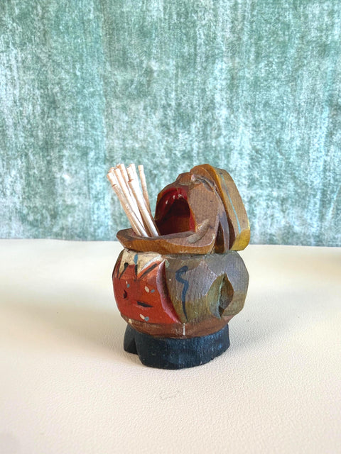 Vintage Folk Art Open Mouth Carved Wood Toothpick Holder Figurine