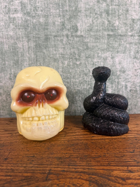 Vintage 1990s Gemmy Shrillers Animated Halloween Skull & Light-Up Snake Set