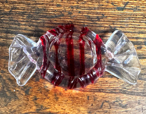 Vintage Glass Candy Dish with Red Stripes