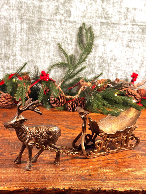 Brass Reindeer and Sleigh Figurine Holiday Decor