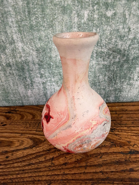 Nemadji Pottery Vase with Marbled Red and White Design