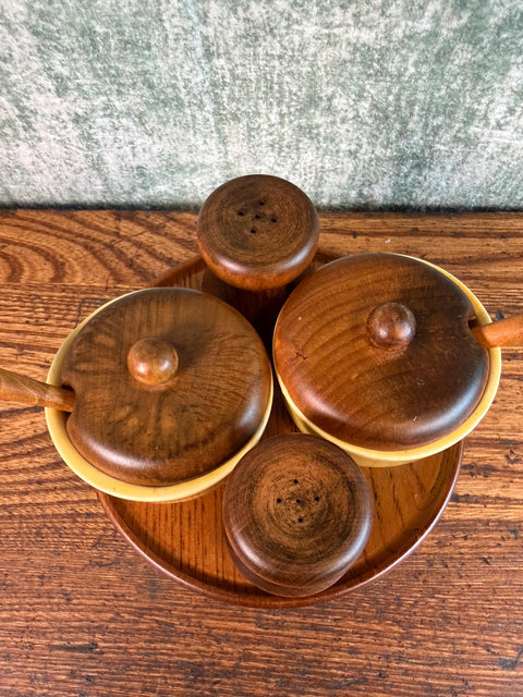 Wood and Ceramic Condiment Set with Tray and Spoons