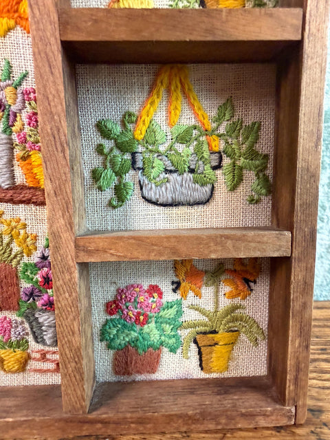 Wooden Display Shelf with Hand-Embroidered Floral Panels