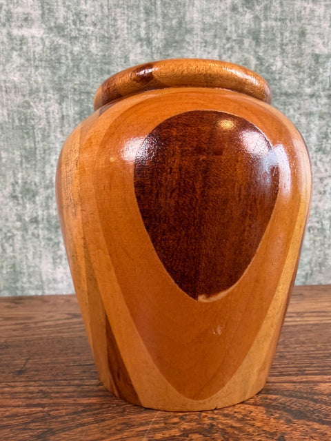 Handcrafted Wooden Decorative Vase with Multi-Tone Inlay