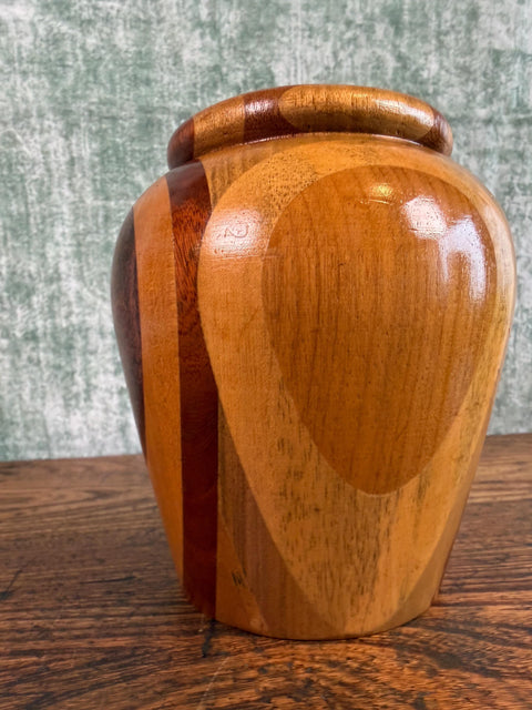 Handcrafted Wooden Decorative Vase with Multi-Tone Inlay
