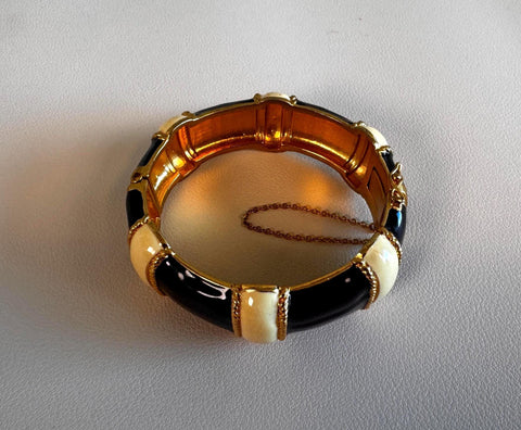 Black and White Enamel Hinged Bangle Bracelet with Safety Chain