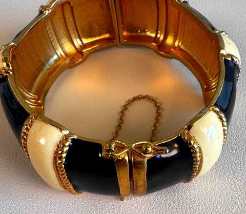 Black and White Enamel Hinged Bangle Bracelet with Safety Chain