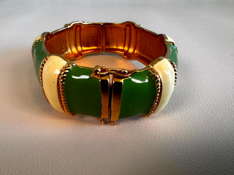 Green and Cream Enamel Hinged Bangle Bracelet with Safety Chain