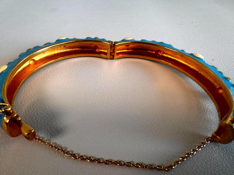 Blue Enamel Floral Bangle Bracelet with Safety Chain