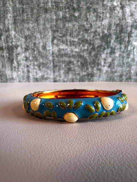 Blue Enamel Floral Bangle Bracelet with Safety Chain