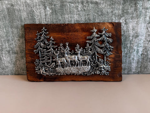 Wood Plaque with Metal Deer and Trees Relief