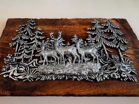 Wood Plaque with Metal Deer and Trees Relief