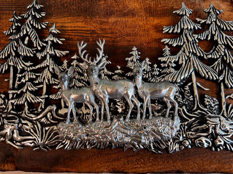 Wood Plaque with Metal Deer and Trees Relief