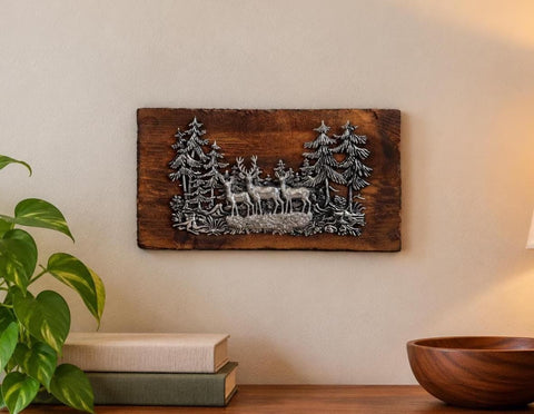 Wood Plaque with Metal Deer and Trees Relief