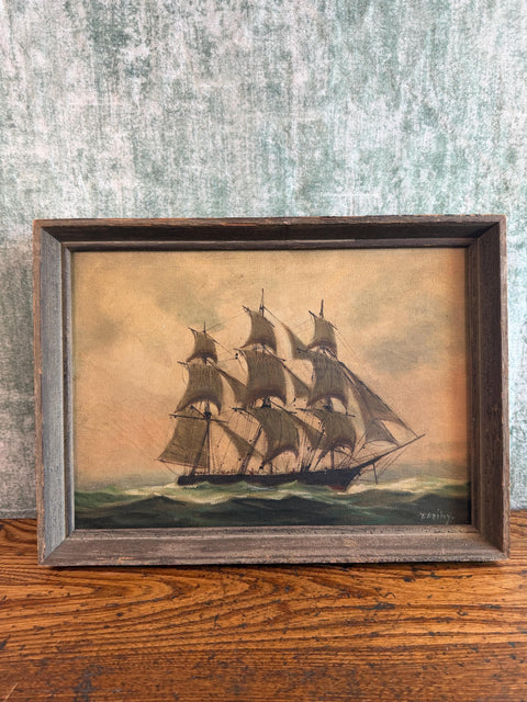 T Bailey Signed Oil Painting Sailing Ship at Sea Framed Maritime Art