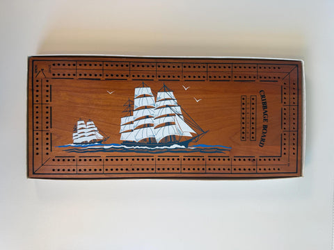 Wooden Cribbage Board with Sailing Ship Design