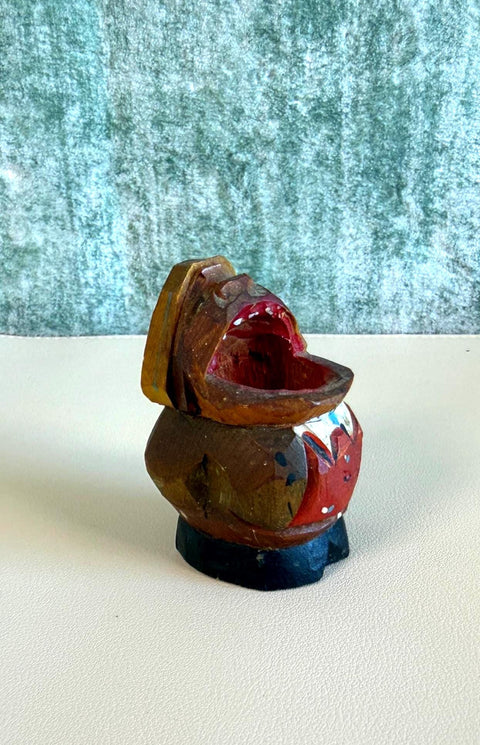 Vintage Folk Art Open Mouth Carved Wood Toothpick Holder Figurine