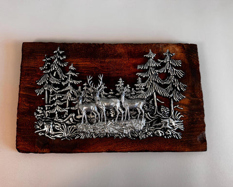Wood Plaque with Metal Deer and Trees Relief