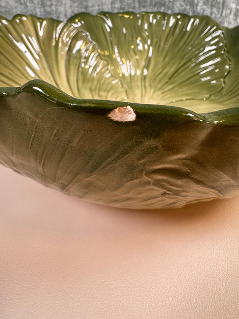 Antique Green Ceramic Bowl with Leaf Design by Maddux of Calif